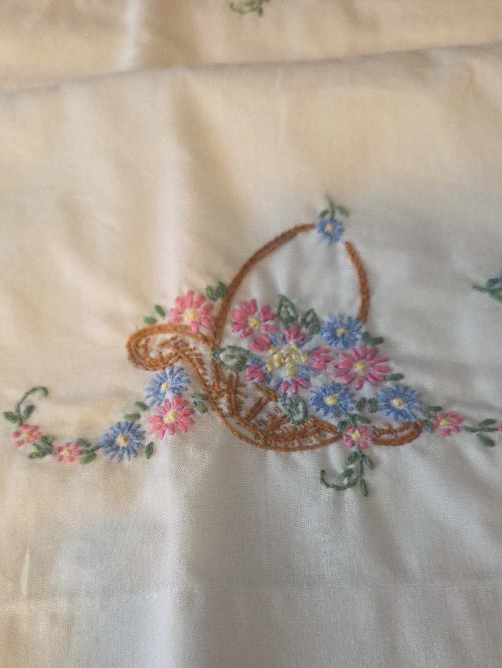 Handmade, Hand Embroidered Floral Basket Standard Size Pillow Cases (Set/2)
